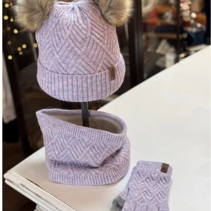 Set pompones gorro, braga y guante malva