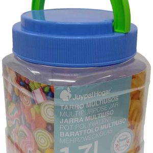 BOTE DE PLASTICO DE 1,7 L TRANSPARENTE TAPA ROSCADA ASA DE Ø 11CM X 15CM DE ALTO DE JUYPAL 06615 FABRICADO EN ESPAÑA.