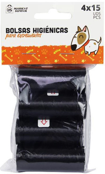 BOLSA NEGRA DE EXCREMENTOS DE PERRO DE 31,5X23CM EN ROLLO EN BLISTER DE 4 ROLLOS X 15 UNIDADES DE MARKET SUPREM 28818 - Imagen 2