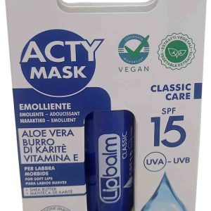 PROTECTOR LABIAL CLASICO ACTY MASK CON ALOE VERA Y VITAMINA E. DE 5,7ML. DERMATOLOGICAMENTE TESTADO.