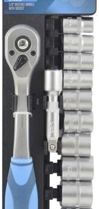 JUEGO DE LLAVE DE CARRACA DE 72 DIENTES + 10 VASOS 3/8″. CROMADO. DE FERRESTOCK FSKSOC128.