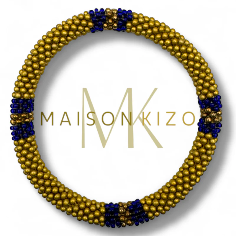 Pulsera nepalí dorado mostaza línea azul B38