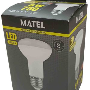 BOMBILLA DE LUZ LED REFLECTORA DE LUZ CALIDA DE 2700K. 8W. 750LUMEN. ROSCA DE E-27. R-63. CLASIFICACION ENERGETICA F. DE MATEL 21936.