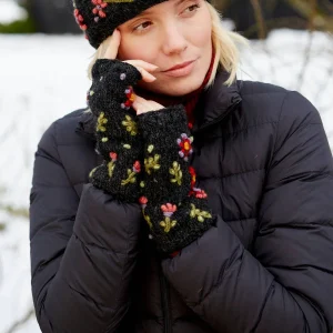 Guantes lana negro sin dedos flores bordadas