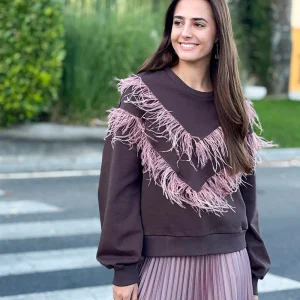Sudadera marrón chocolate plumas D´elle
